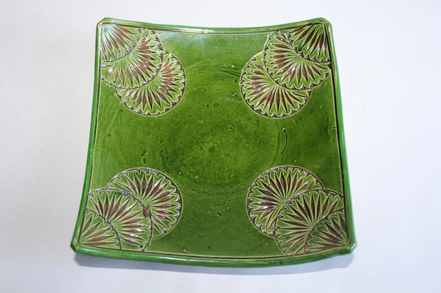 Broche Vintage Carrée En Céramique Faïence Verte - Style Moderniste - Bon état