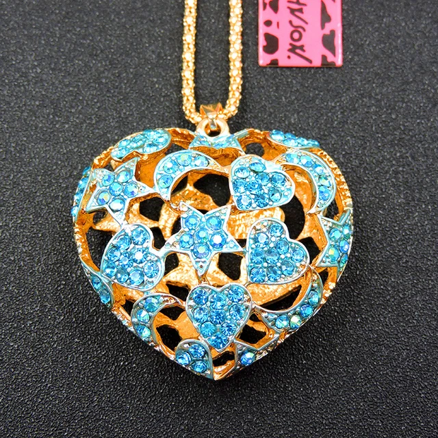 Betsey Johnson Blue Crystal Rhinestone Heart Pendant Sweater Necklace
