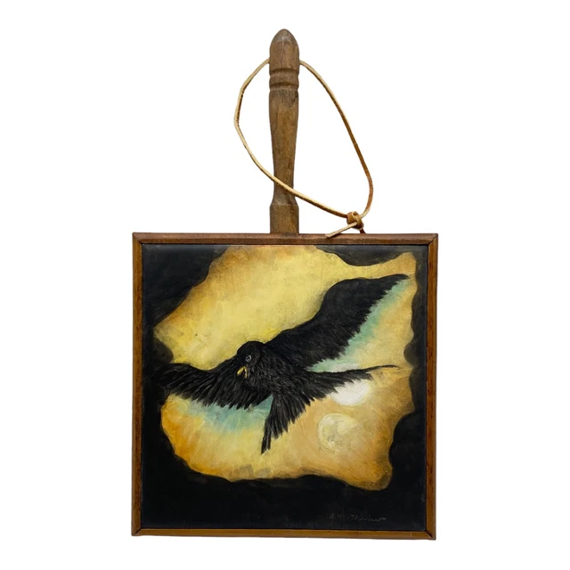 H&R Johnson Ceramic Tile Trivet Black Bird England Wood Wall Hanging