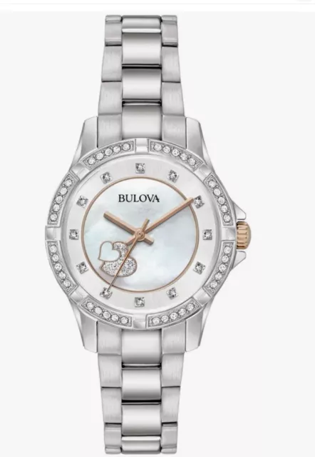 Bulova 98L232 Silver Tone White MOP Dial Heart Crystal Accent Womens Watch