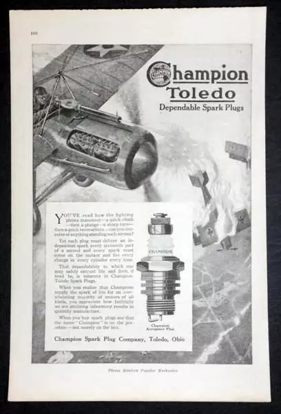 1918 Champion Aeroplane Spark Plug print AD Airplane Dogfight Toledo Ohio