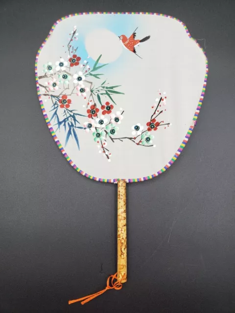 Vintage Hand Painted Silk Chinese Hand Fan Bird & Flowers Bamboo Handle 12"x8"