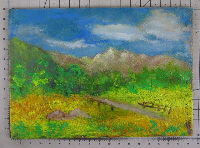 18x13 CM Pequeño Cuadro Paisaje Primavera Pintado Óleo En Mesa Vintage X13