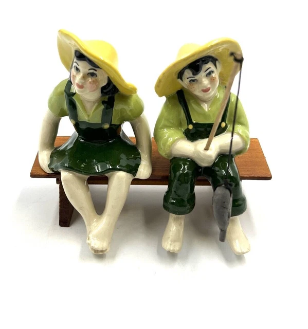 Vintage Fishing Shelf Sitters Couple Boy & Girl On Bench Ceramic Arts Studio