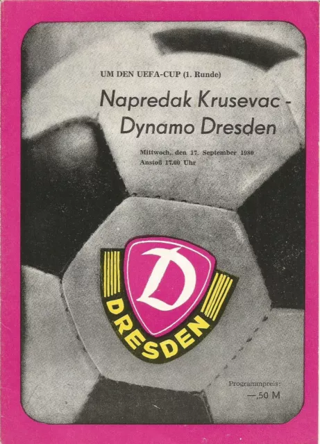 1980/81 Prog DYNAMO DRESDEN v NAPREDAK KRUSEVAC (UEFA Cup)