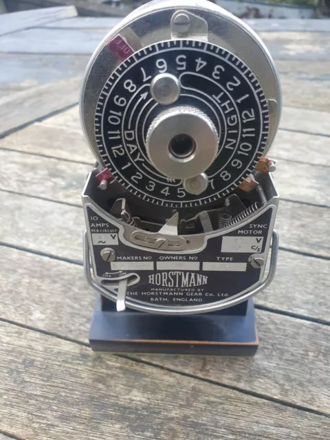vintage horstmann heater timer.fixed to a wood base for display.sent royal mail