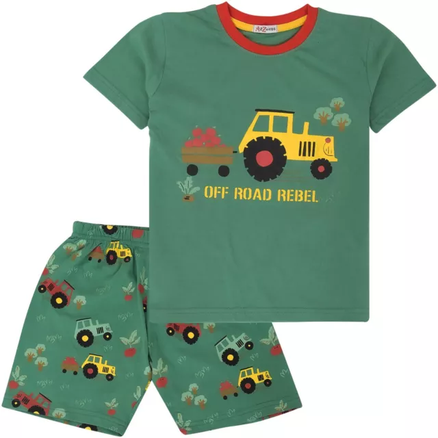 Kids Girls Boys Pyjamas Tractor Contrast Top Bottom Sleepwear Set Age 5-13 Years
