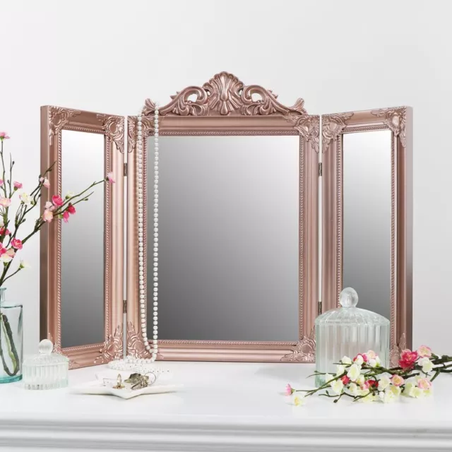 Rose Gold Pink Ornate Dressing Table Triple Mirror Make up vanity table top gift