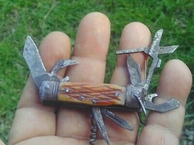 Vintage Mini Knife Multi Tool Japan Made 7 Blades And Tools Total Folding Pocket