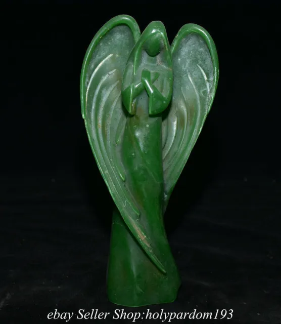 8.8" Old Chinese Green Jade Carved Fengshui Wing Angel Goddess Statue