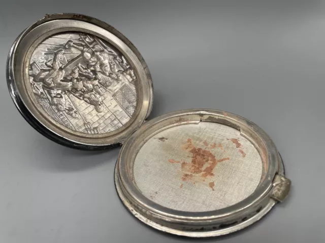 Rare Unusual Powder Compact Silver Plate with Embossed Medieval Scene 3