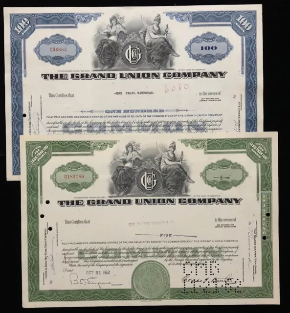 The Grand Union Company Stock Certificates Stamped Punched / Cancelled Lot