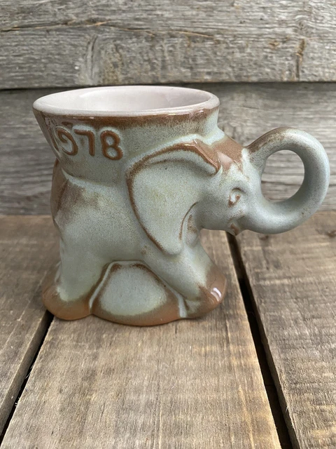 Vintage GOP Pottery Cup Political Frankoma Elephant Cup Brown Blue Mug 1978 4"