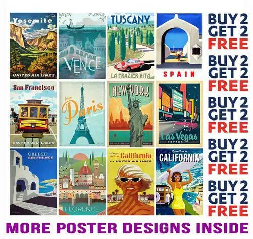 Vintage Travel Retro Posters Art Print A4 A3 Size - Buy 2 Get Any 2 Free