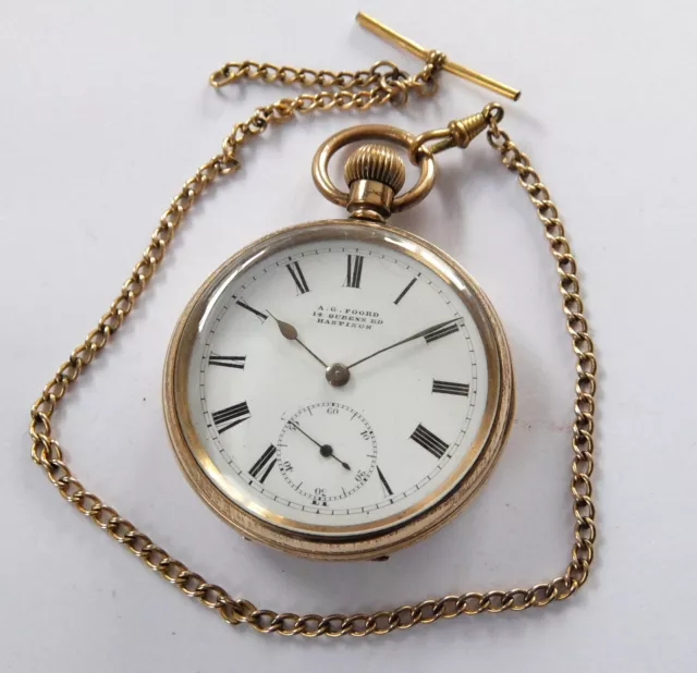 1910 Gold Filled 3/4 Plate Swiss Lever Pocket Watch And Albert Chain Working