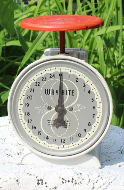 Vintage MCM Way Rite Household Scale, red white retro farmhouse kitchen