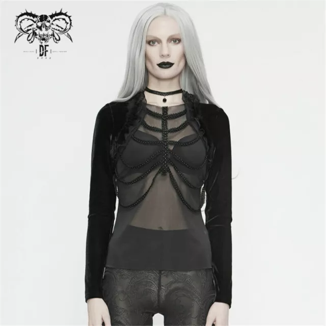 Gothic Women Gorgeous Embroidery Tops Beaded Rib Fake Shawl Long Sleeve T-shirt