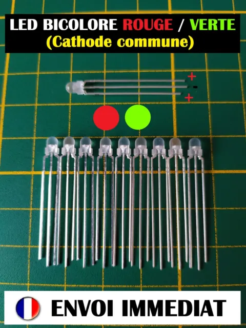 10x LED BICOLORE 3mm diffusant - rouge / vert - 30mA - cathode commune