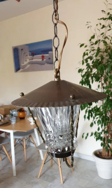 ancien lustre Suspension lanterne laiton verre des années  60
