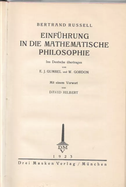 Bertrand Russell Einführung in die Mathematische Philosophie Deutsche ERSTAUSGAB