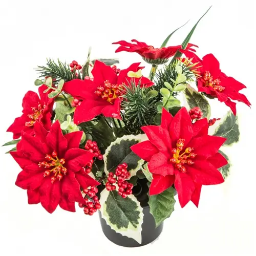 2 x Artificial Red Poinsettia and Foliage Christmas Cemetery Pot