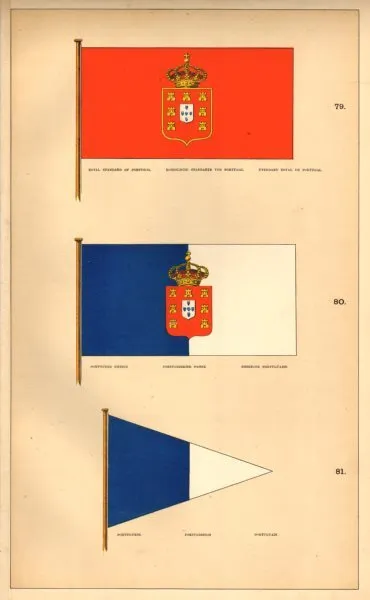 PORTUGUESE ROYAL FLAGS. Royal Standard; Ensign. Portugal. HOUNSELL 1873 print