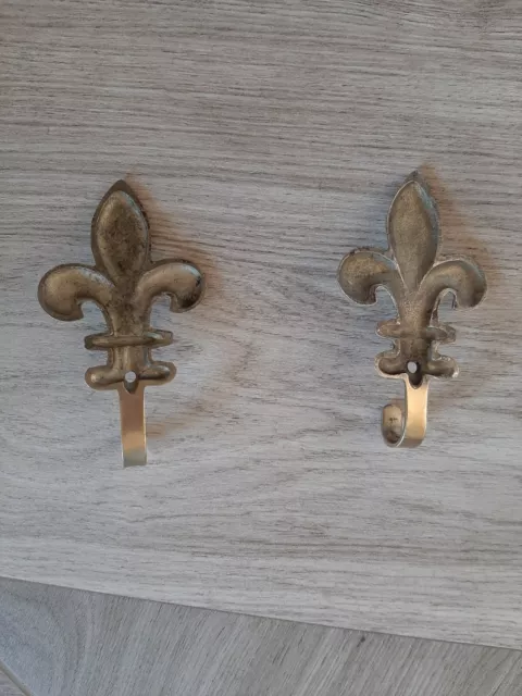 Vintage pair of 2 French brass wall coat hat hook Fleur de lys bronze gold color 17
