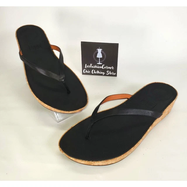 FitFlop Women's Black Leather Linny Toe Thong Cork Wedge Heel Sandals Size 10 15 2