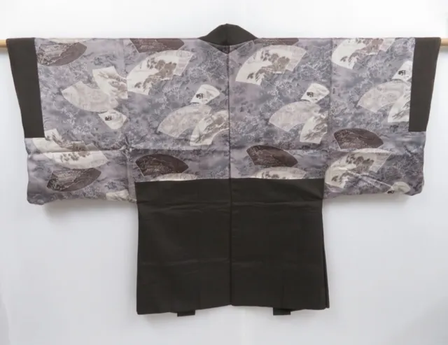3513T07z430 Vintage Japanese Kimono Silk Men's HAORI Jigami Dark brown