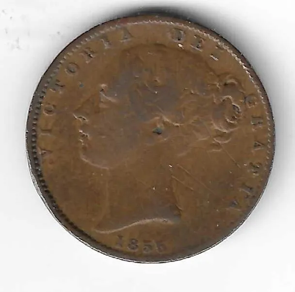 Queen Victoria Young Head Copper Farthing 1/4d 1855 Victorian British coin