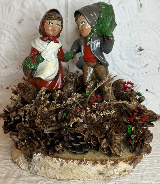 Vintage Ceramic Girl Puppy Boy Carrying Tree Christmas Figurine Birch Pine Comes 2