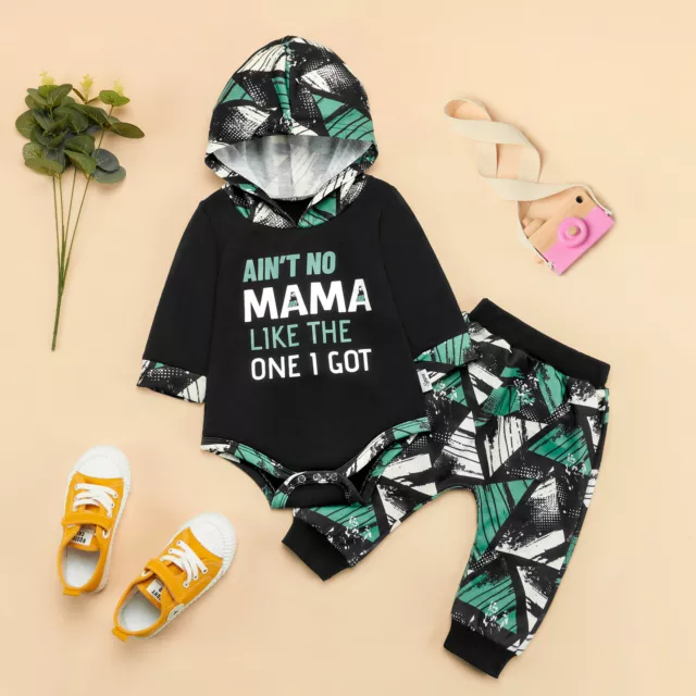 Newborn Baby Boy Girl Jumpsuit Hooded Tracksuit Print Tops Pants Clothes Outfits