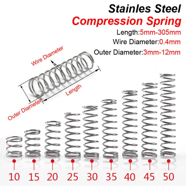 Macchie molla a compressione acciaio 0,4 mm diapositiva metallica 3-12 mm diametro 5-305 mm lunghezza