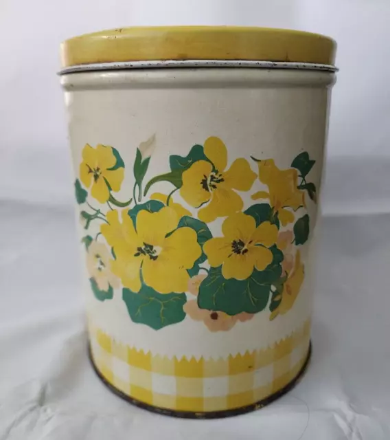 Vintage Retro 70s Decoware Kitchen Canister Tin Yellow Flowers