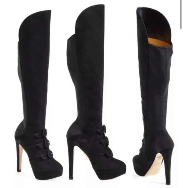 NIB Charlotte Olympia Alda Black Suede Knee High Boots size 39.5 9.5 Shoes Women
