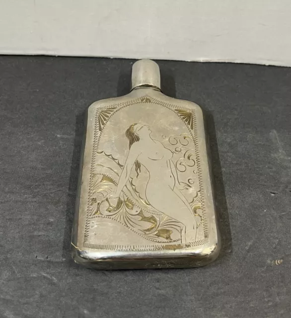 Vintage Engraved Etched Metal Souvenir Flask w/ Screw Top Small Shot Glass Lid