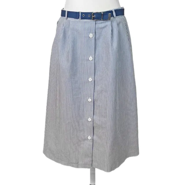 Vintage Russ Button Front Midi Skirt Size 8 (READ) Blue White Seersucker w/Belt