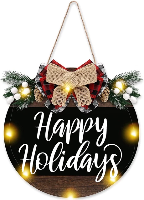 Happy Holidays Door Wreath Sign Christmas Decorations Buffalo Plaid Natural Wood