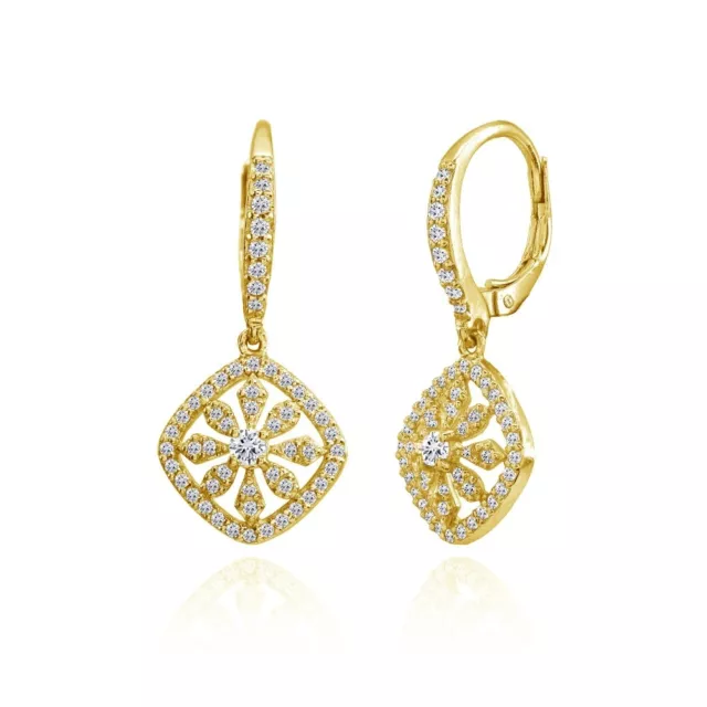 Yellow Gold Tone over Silver Cubic Zirconia Flower Cushion-Shape Dangle Earrings