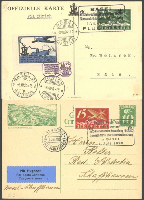 LUFTPOST 1.7.1926, 1. BINNENSCHIFFFAHRTSAUSSTELLUNG BASEL, 2 verschiedene Karten