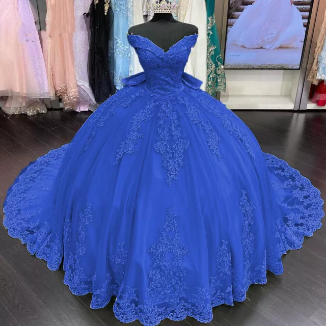 Royal Blue Sweet 16 Quinceanera Dresses Beaded Off Shoulder Prom Party Ball  Gown