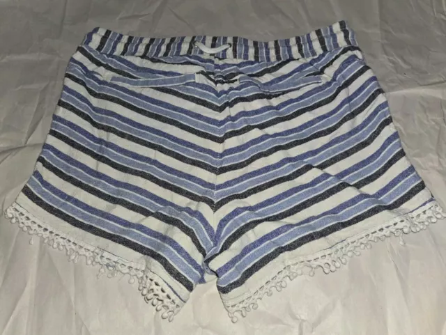 Cute Blue White Jolt Size M  Shorts Linen Rayon Fringe Tassel Hem