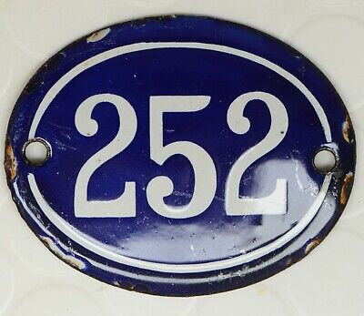 Old blue oval French house number 252 door gate plate plaque enamel steel sign