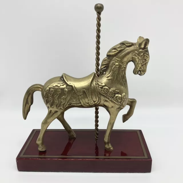 Vintage Brass Carousel Horse Figurine Solid Wooden Base Brass Horse Statue 7”x6”