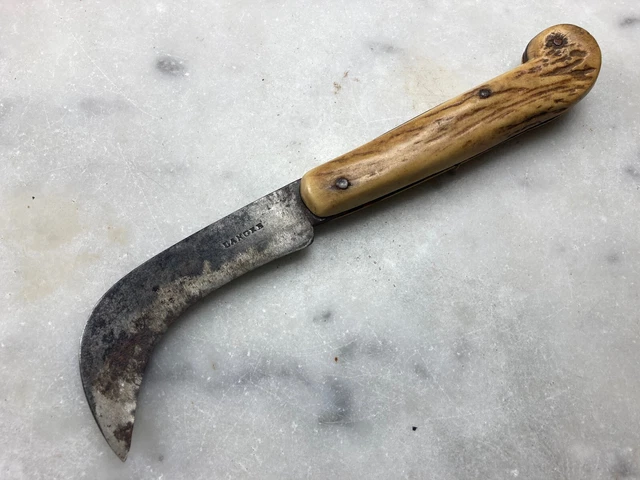 Ancien  Couteau Serpette Vigneron "Langres" Bois De Cerf Vintage Knife