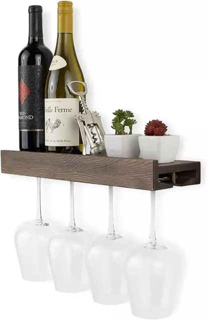 Smith Wall Mounted Wood Floating Wine Bottle Rack with Glassware Holder Stemware