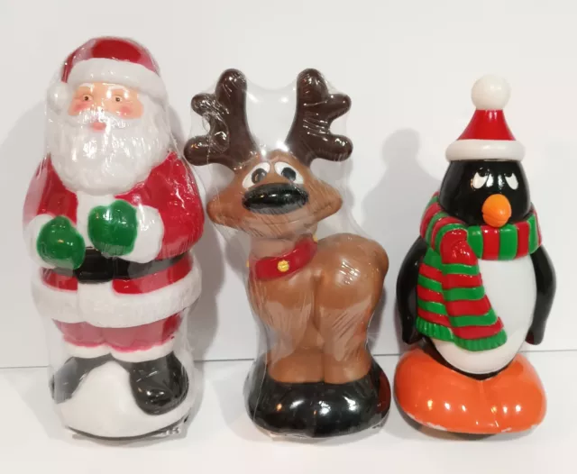 Vintage SANTA CLAUS RIENDEER & PENGUIN Blow Mold Christmas Light Topper 10"