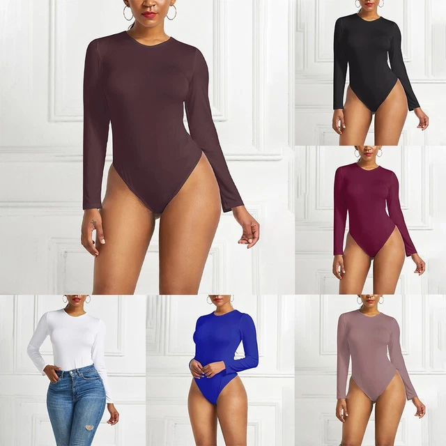 Donna Bodysuit-Top Girocollo Manica Lunga Basic Slim Solido Modellante Maglia