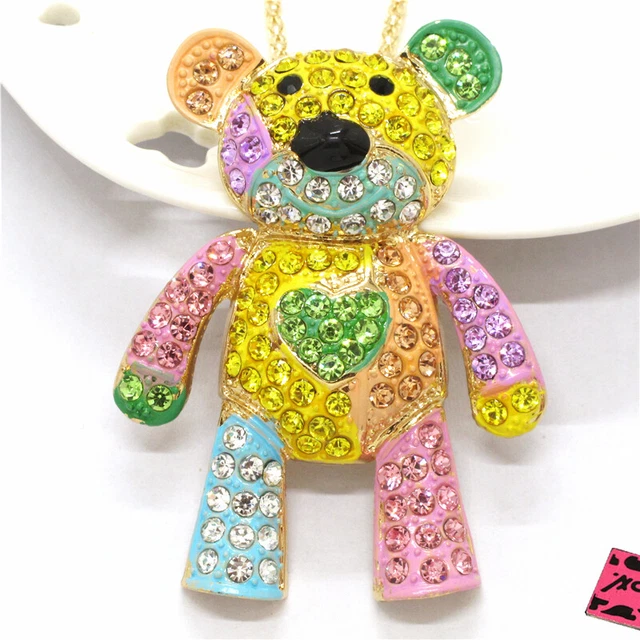 New Betsey Johnson Bear Doll Mixed Color Enamel Crystal Pendant Chain Necklace