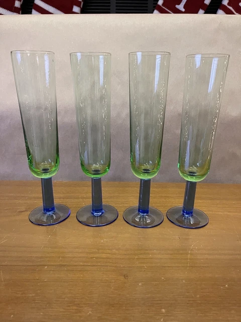 Set Of 4 Green & Blue Champagne Flutes Stemware Bar Ware Vintage Glassware Set Of 4 Green & Blue Champagne Flutes Stemware Bar Ware Vintage Glassware